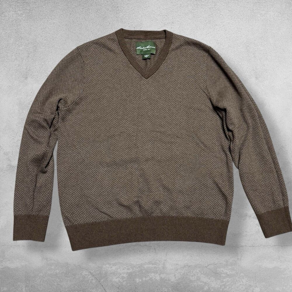 Eddie Bauer Sweater Men’s L Brown Herringbone Cotton Cashmere V Neck Pullover